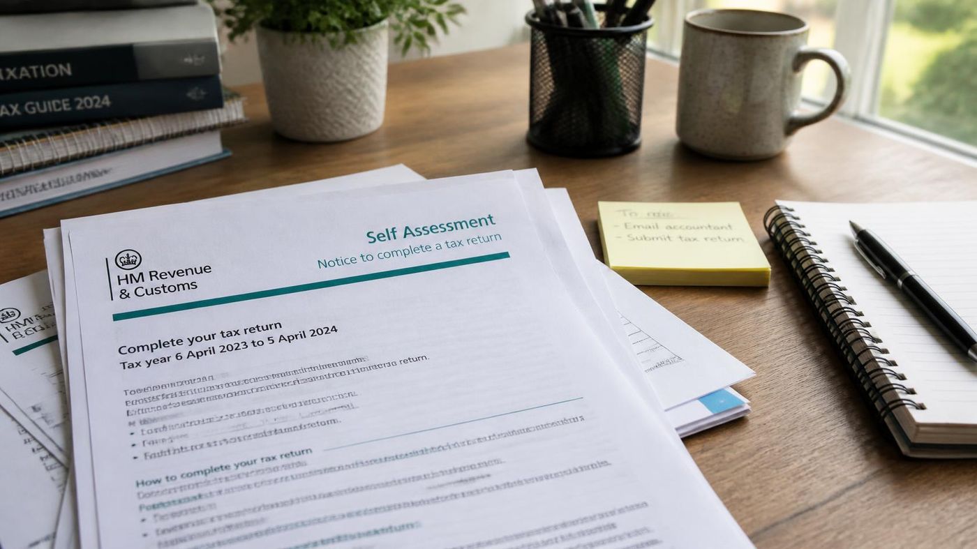 HM Revenue and Customs Self Assessment tax return paperwork on a desk with a sticky-note to-do list, notebook and pen.