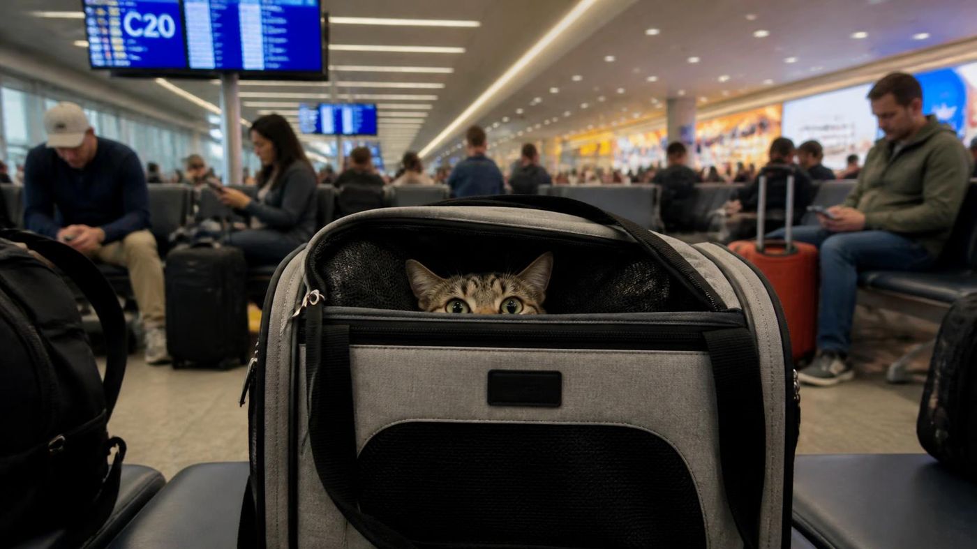 Tabby cat peeking out of a soft pet carrier in an airport departure lounge, with seated passengers and a gate C20 sign in the background.