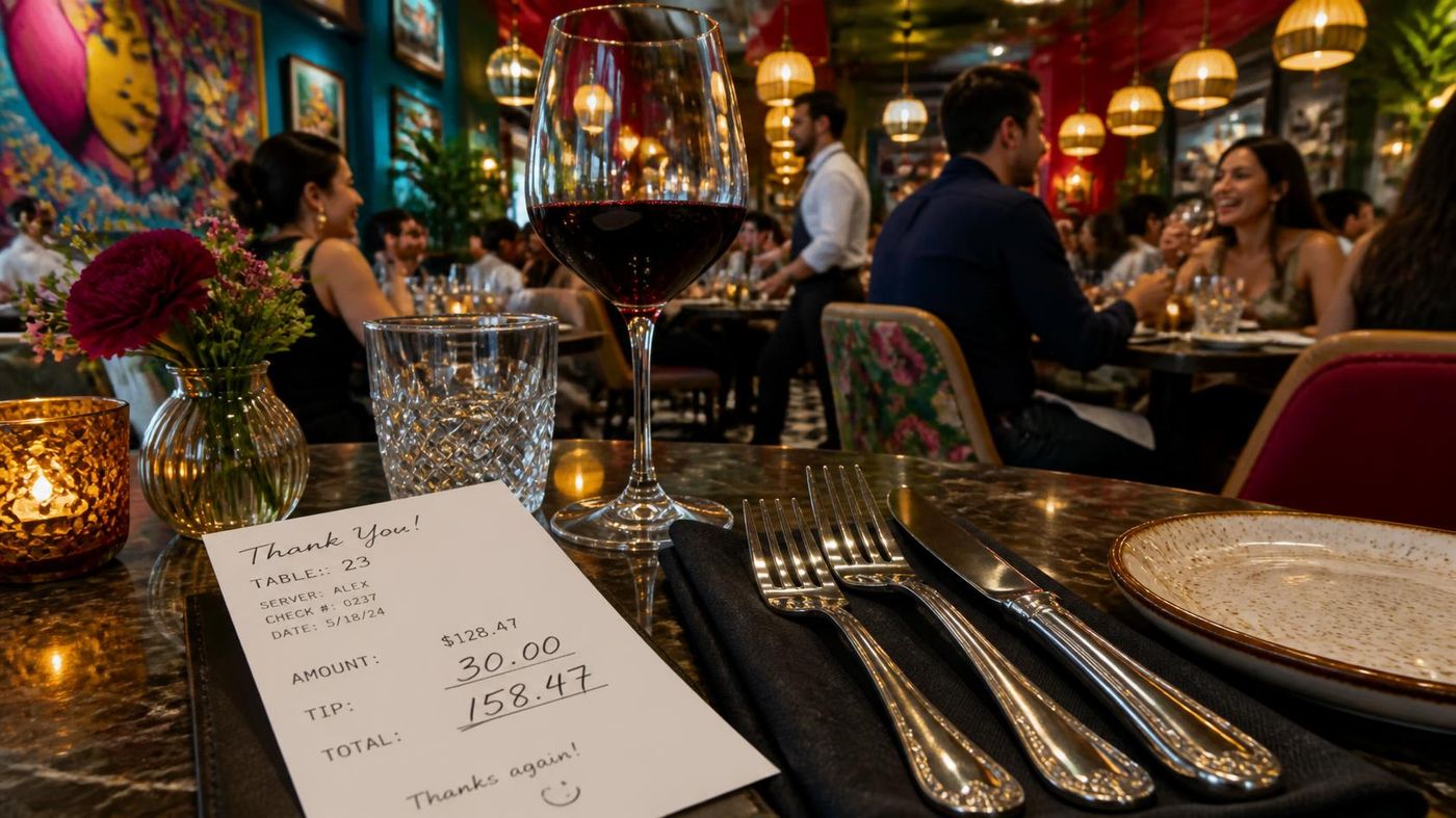 Restaurant bill on a table showing a tip calculation, next to a wine glass and place setting in a busy dining room.