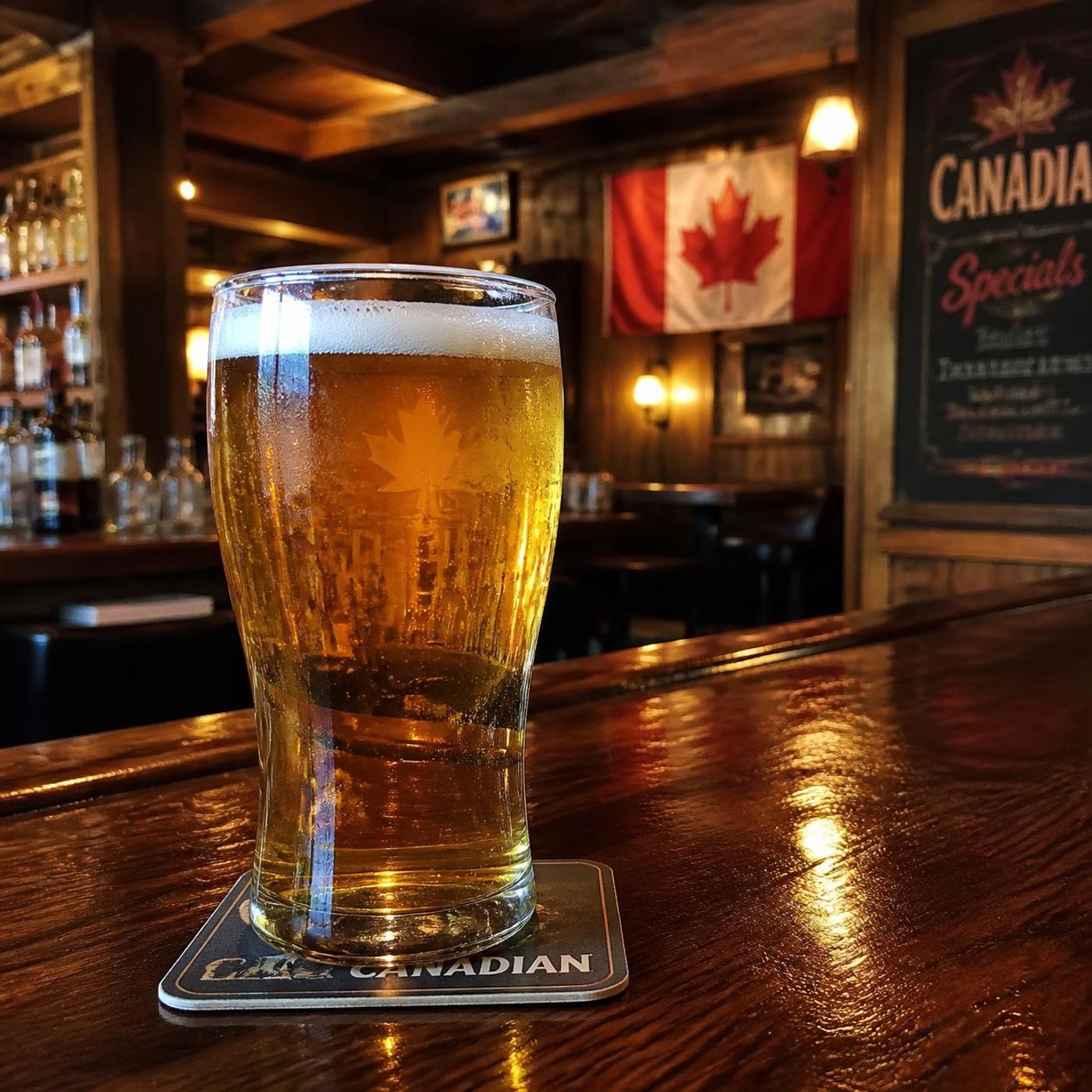 Pint of beer on a Canadian coaster in a traditional pub with a maple leaf flag on the wall