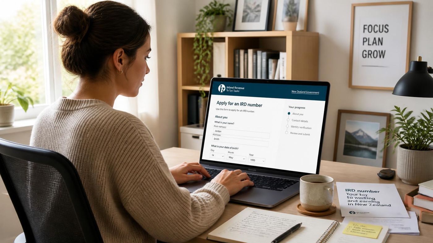 Woman using a laptop displaying the New Zealand Inland Revenue Apply for an IRD number form at a home desk.