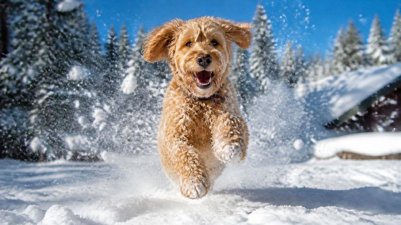 Golden-coated dog running through deep snow with pine trees in the background.