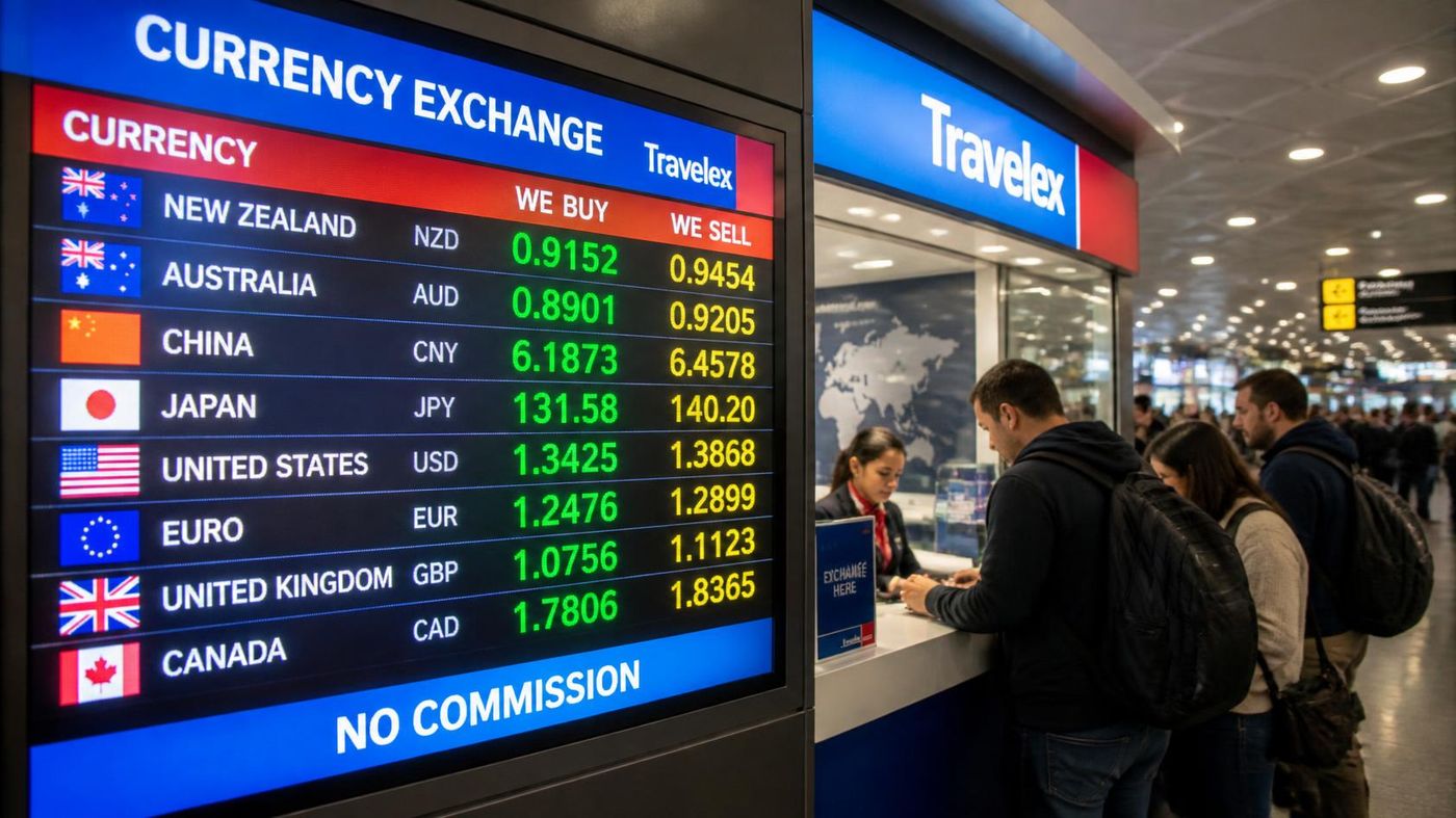 Airport currency exchange board showing buy and sell rates for New Zealand, Australian, Canadian and other currencies, with travellers at a Travelex counter.