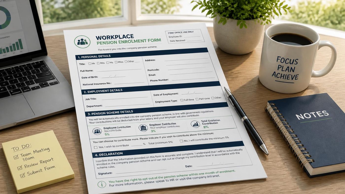 Workplace Pension Enrolment Form on a desk beside a laptop, a coffee mug reading 'Focus Plan Achieve,' and a notebook labelled Notes.