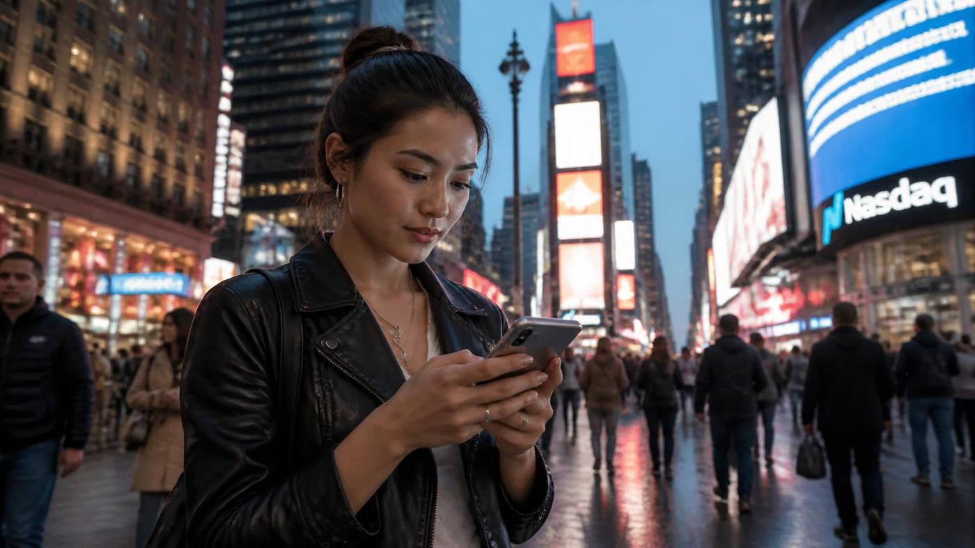 Woman checking her phone on a busy city street at night, with illuminated billboards and a Nasdaq sign in the background.