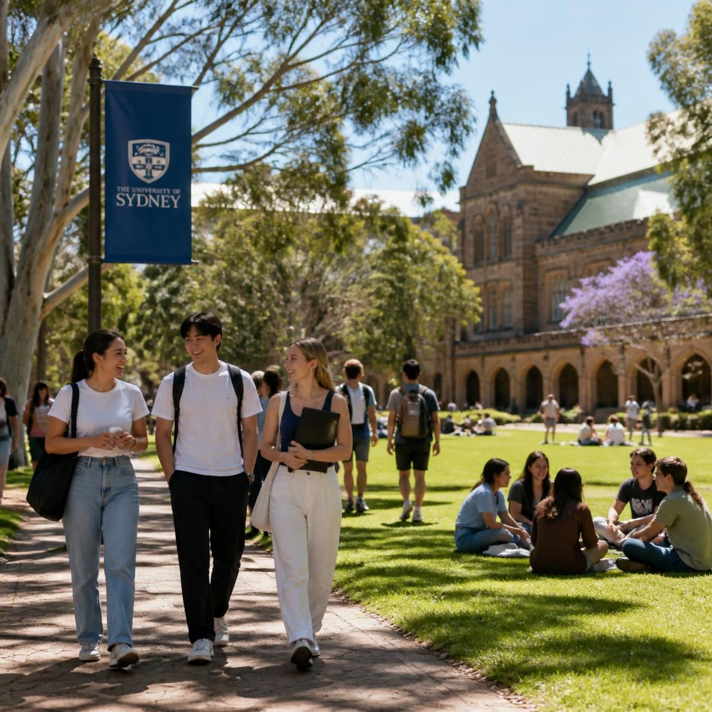 Diverse group of university students walking across a green campus lawn with historic sandstone buildings and jacaranda trees in the background at an Australian university