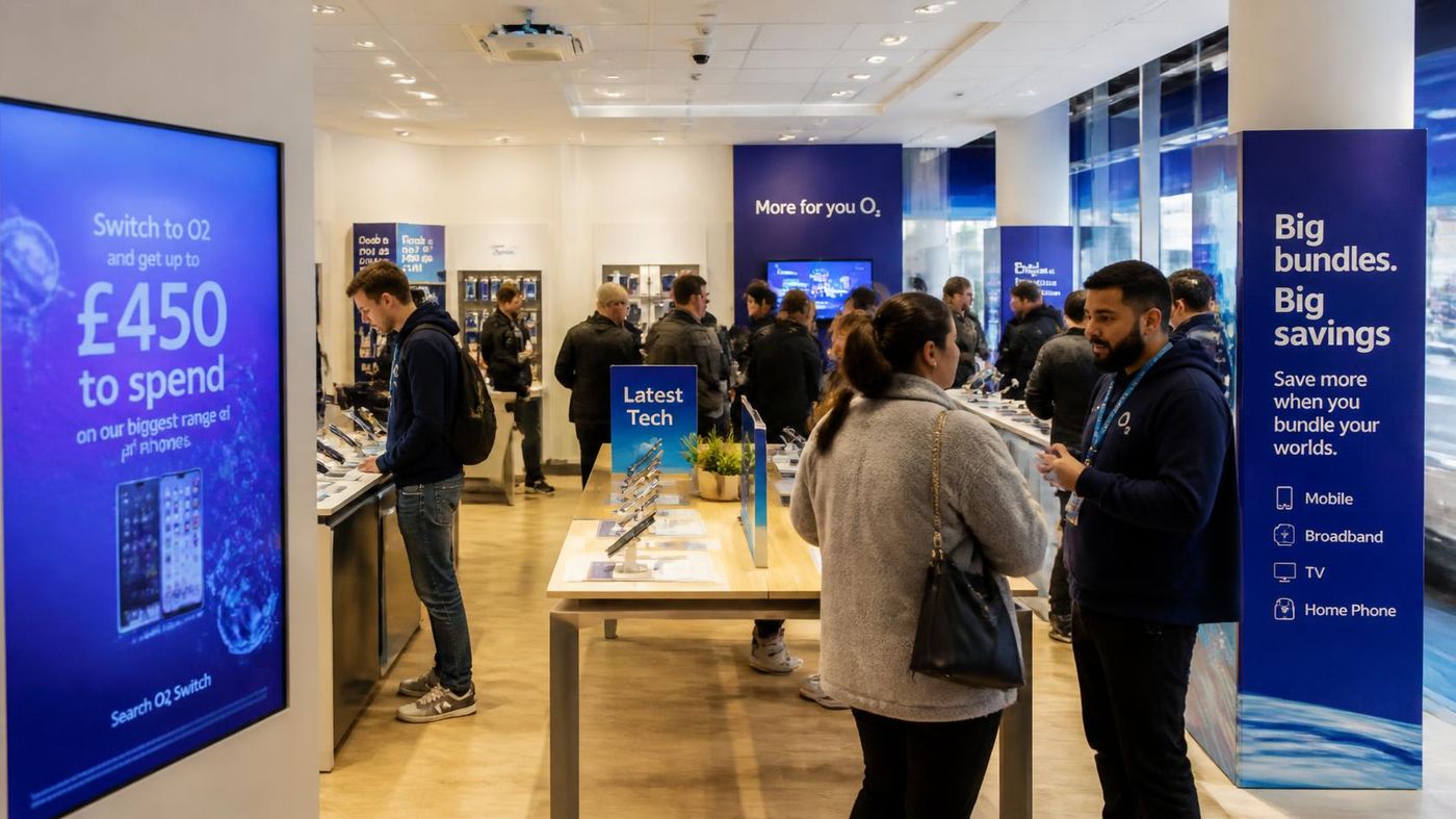 Interior of an O2 mobile phone store with 'Switch to O2, £450 to spend' signage and staff assisting customers at a display table.