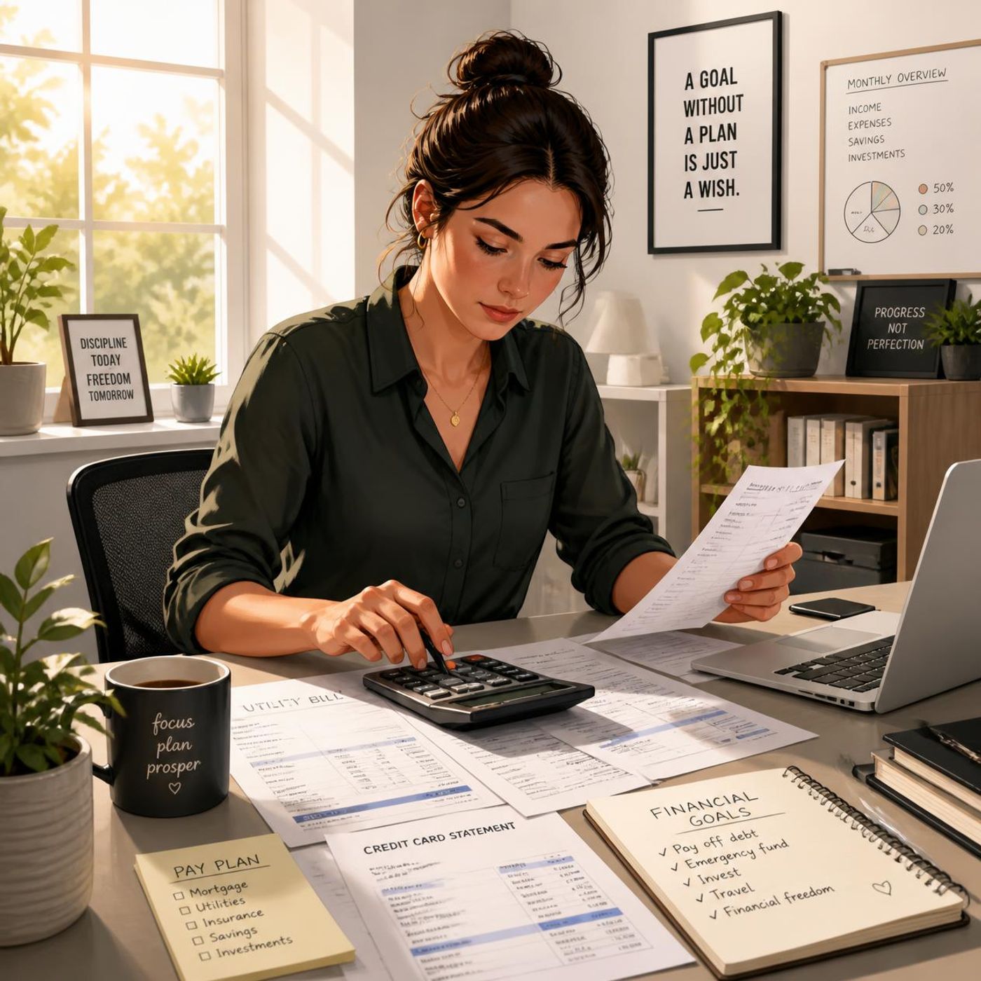 A lady reviewing financial documents and using a calculator at a desk with paperwork spread out, focused on budgeting and financial planning