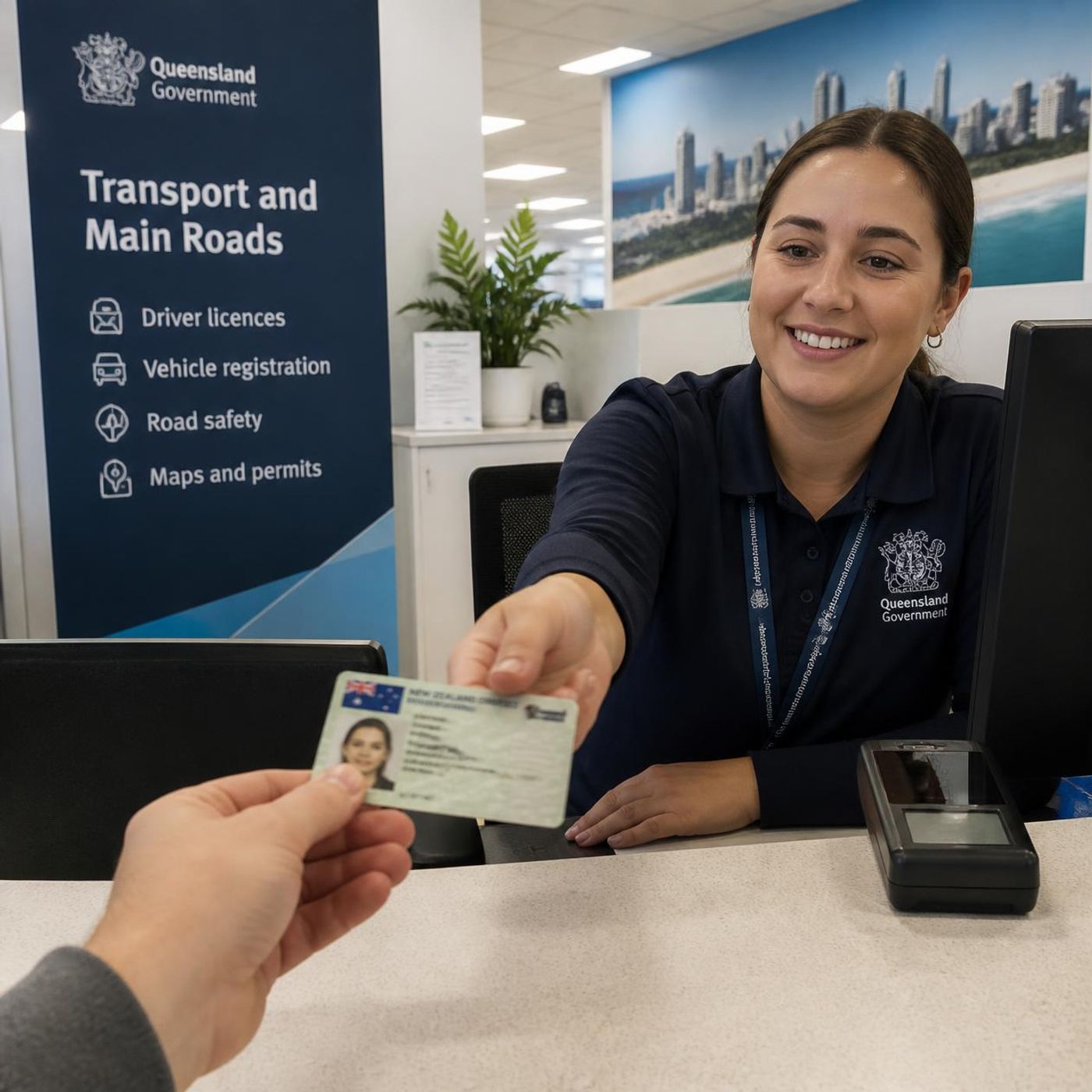 Hand passing a New Zealand driver's licence across a counter to a smiling Transport and Main Roads worker in a Queensland government office, with informational signage visible in the background