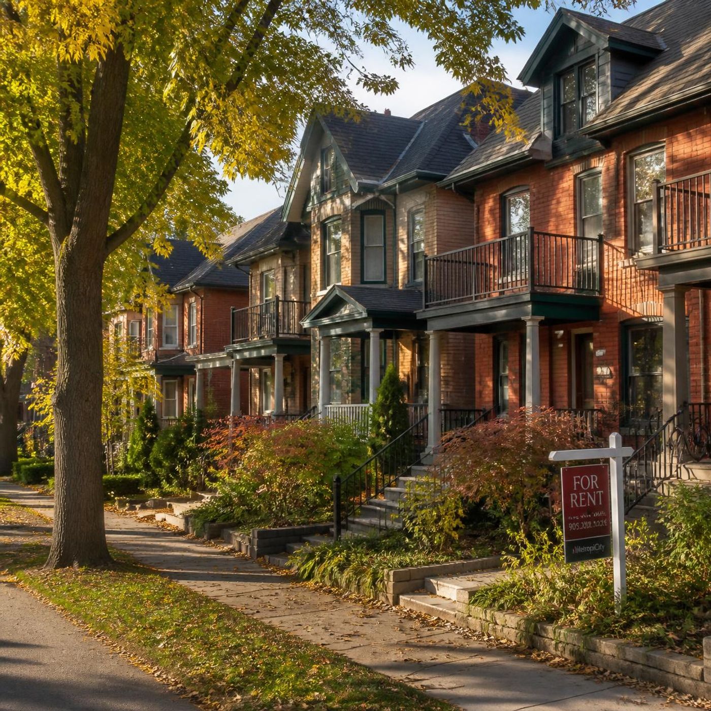Victorian brick row houses on a tree-lined Toronto street with a For Rent sign in autumn