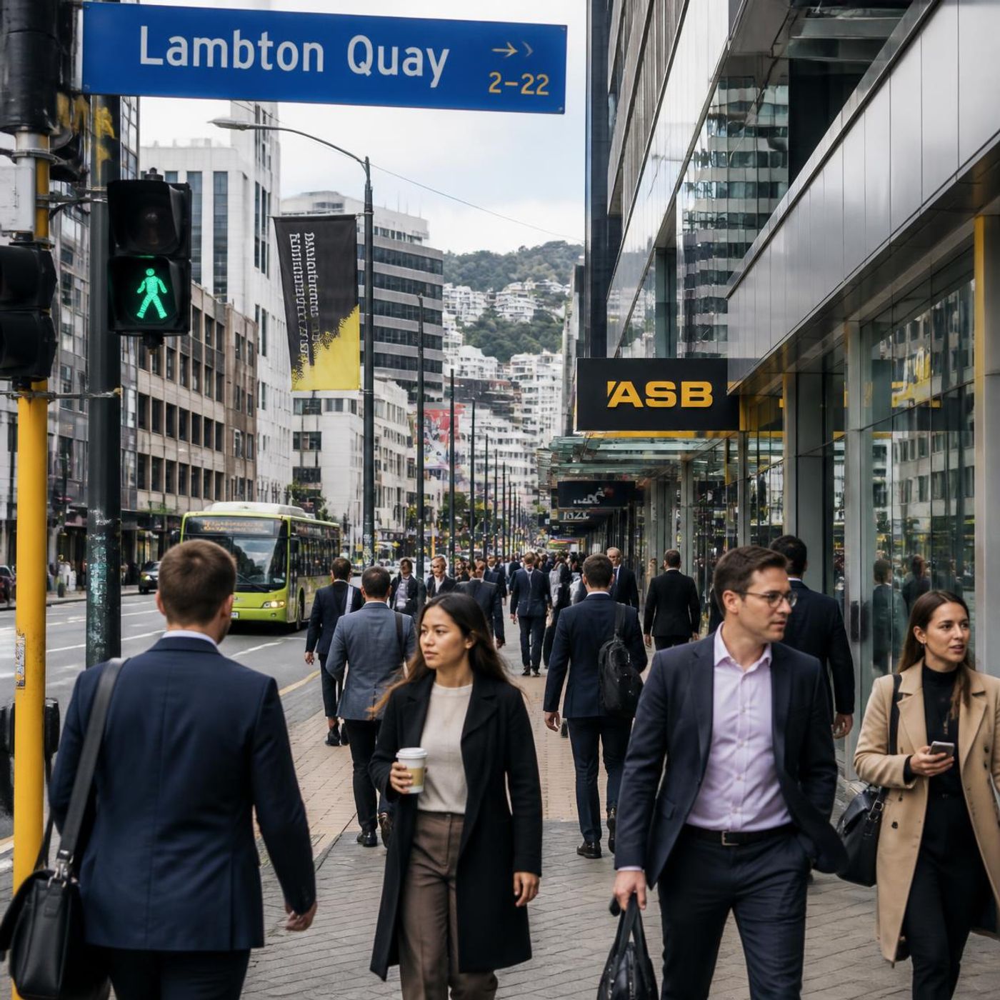 Office workers walking along Lambton Quay in Wellington with shop fronts and a green pedestrian signal