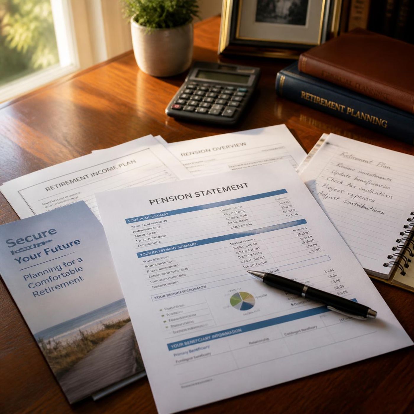 Pension documents with charts and graphs on wooden desk with pen, calculator, and coffee mug in natural lighting
