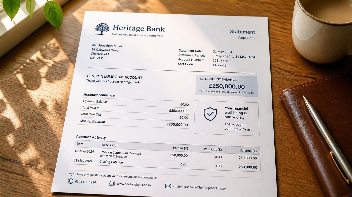 Heritage Bank account statement showing a pension lump sum payment of two hundred and fifty thousand pounds, on a wooden desk.