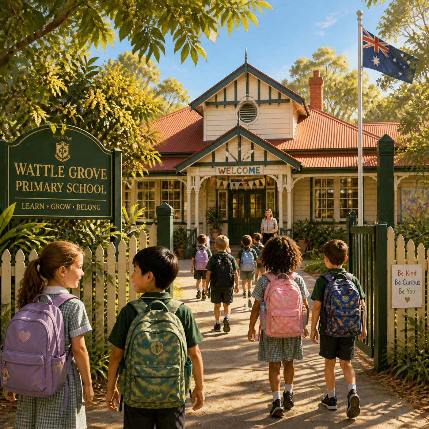 Group of primary school children with backpacks walking through the entrance gate of an Australian primary school with a traditional building featuring a peaked roof and front porch