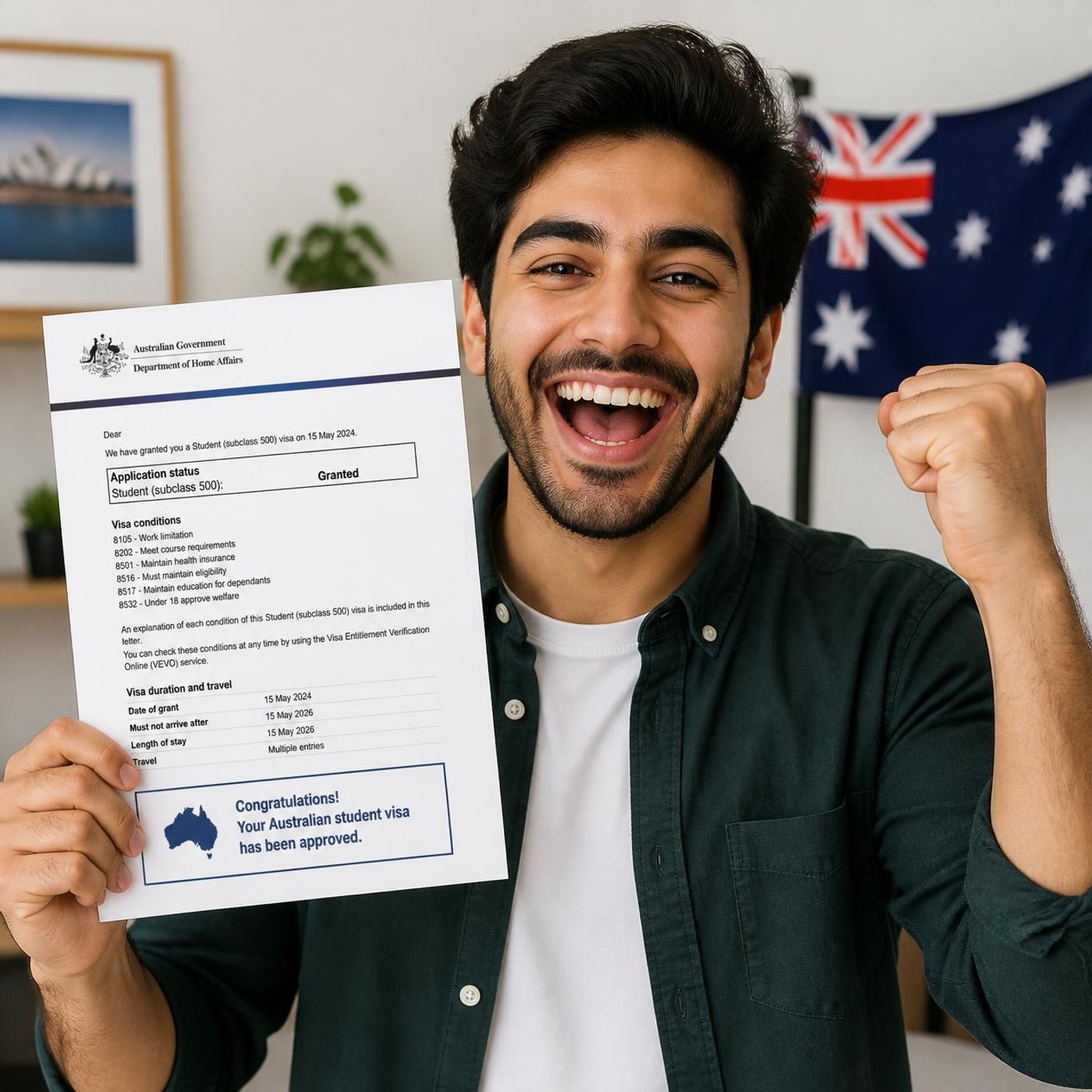 Excited person celebrating with fist pump while holding Australian visa approval letter with Australian flag in background
