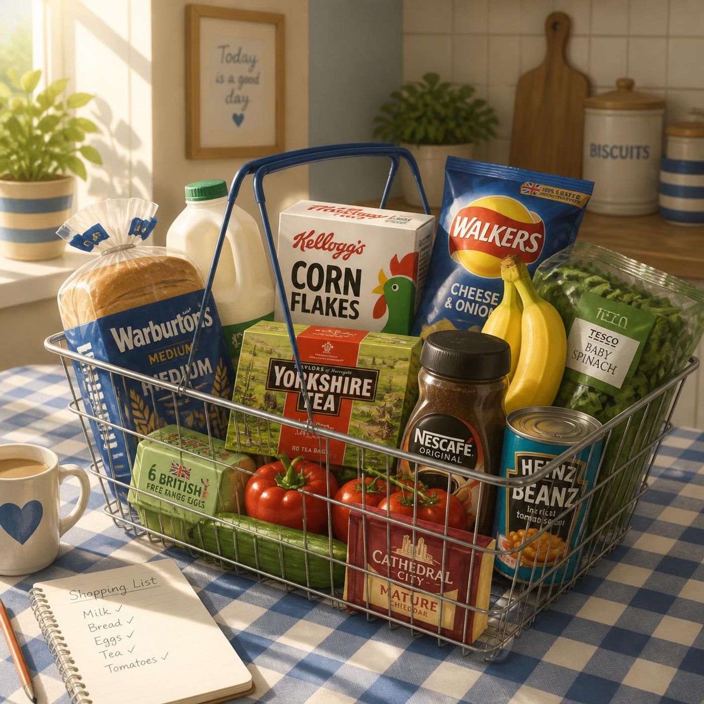 Wire shopping basket filled with British grocery staples on a blue gingham tablecloth