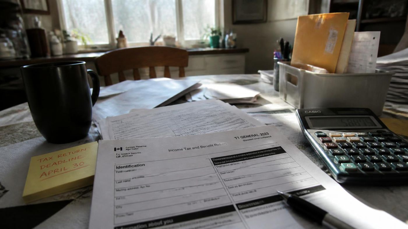 Canadian T1 General income tax return form on a kitchen table beside a calculator, coffee mug and a sticky note reading Tax Return Deadline April 30.
