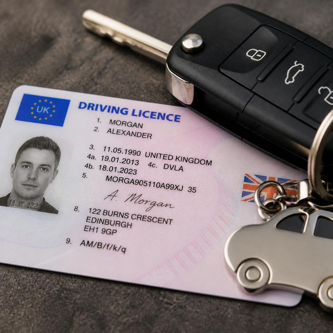 UK driving licence card with EU flag and car keys with keyring on dark textured surface