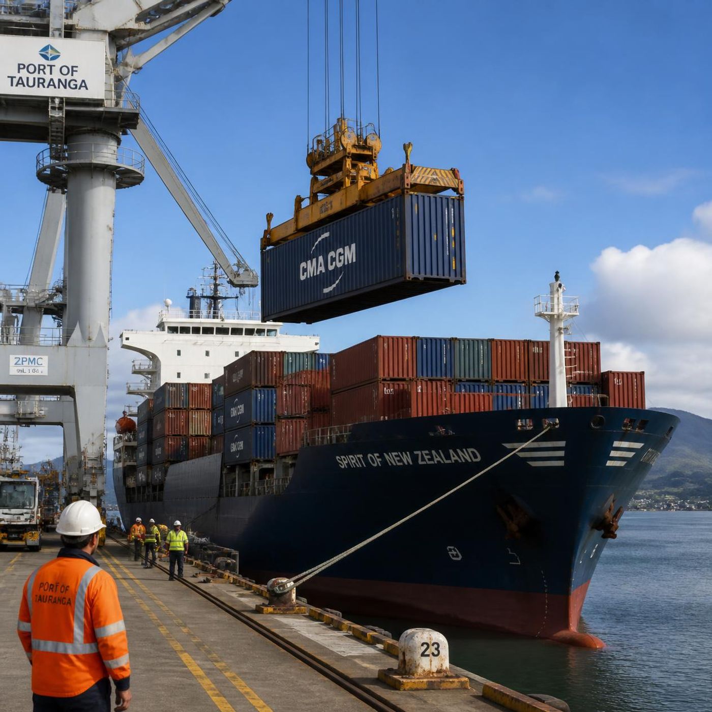 Large shipping container suspended by crane cables being loaded onto a container ship at a New Zealand port, with a dock worker in safety gear observing the operation from the wharf