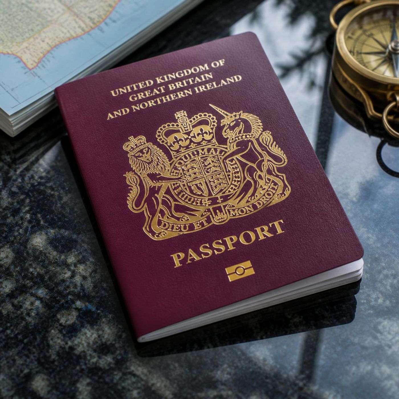 UK passport with royal coat of arms on dark counter surface next to compass