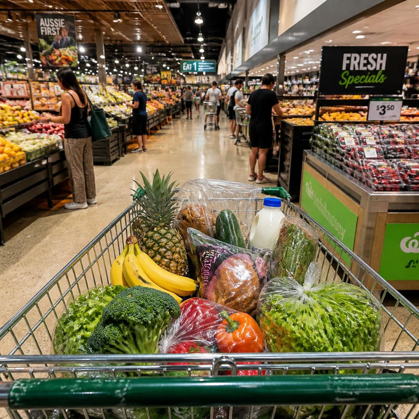 Shopping trolley filled with fresh produce including pineapple and vegetables in an Australian supermarket aisle with fresh produce displays