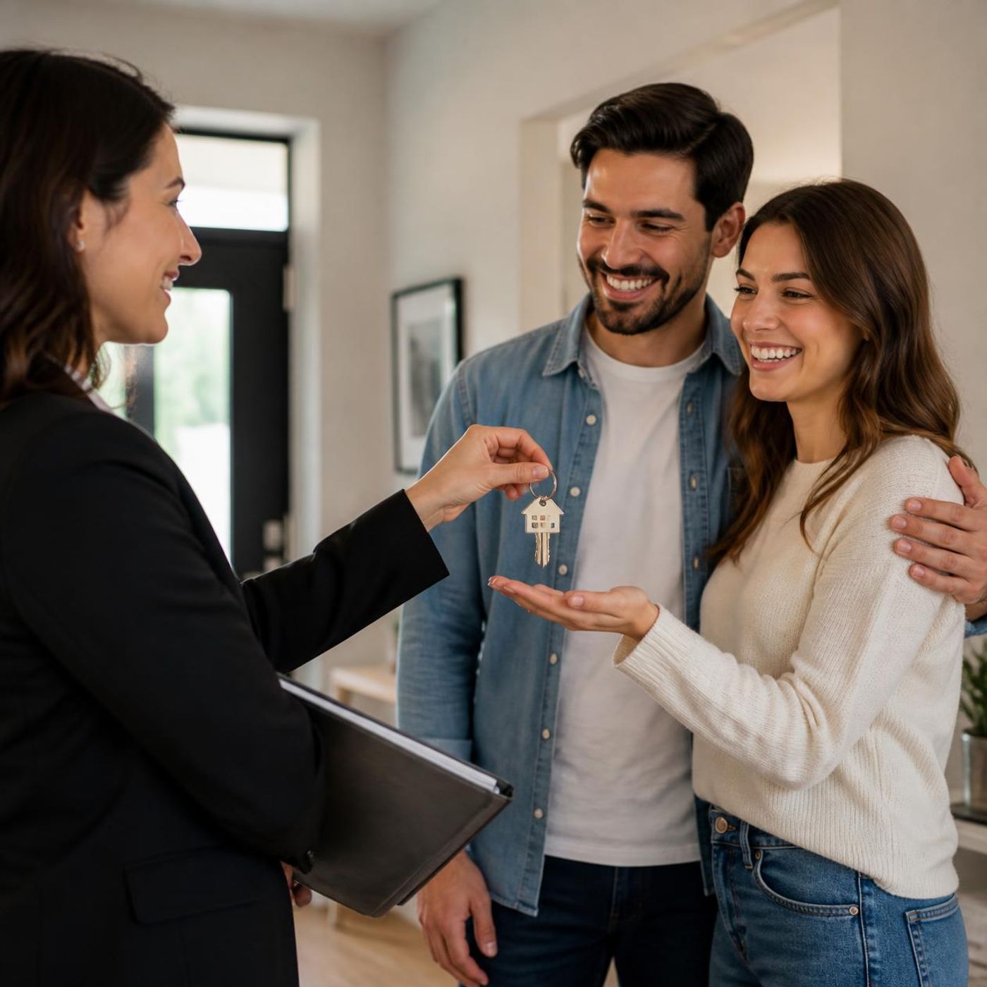 Real estate agent handing house keys to a smiling couple in their new home, with the agent holding a clipboard while the couple receives the keys