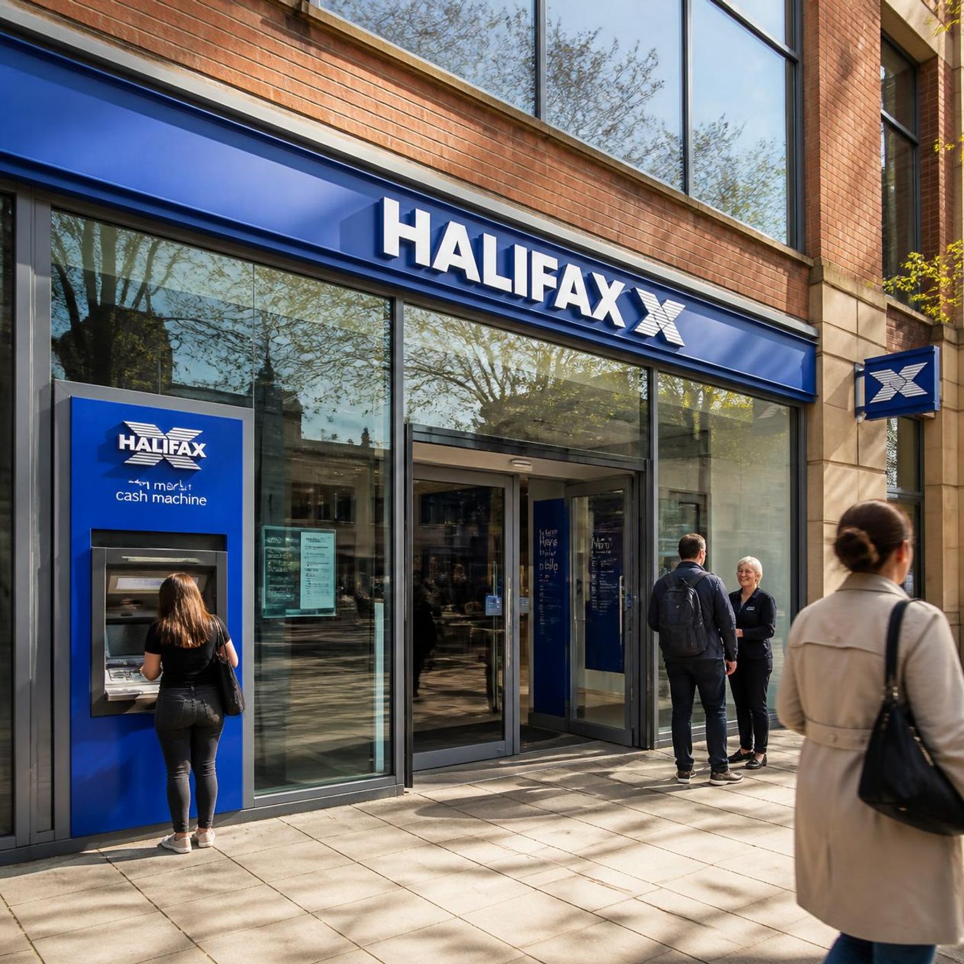 Halifax bank branch storefront with a customer using the exterior ATM