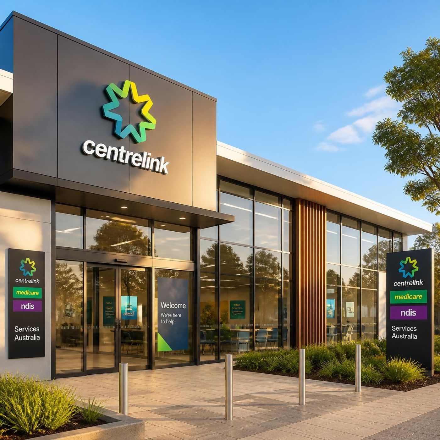 "Modern Centrelink office building exterior with glass entrance doors, Centrelink logo and branding prominently displayed, surrounded by landscaped gardens under a clear blue sky