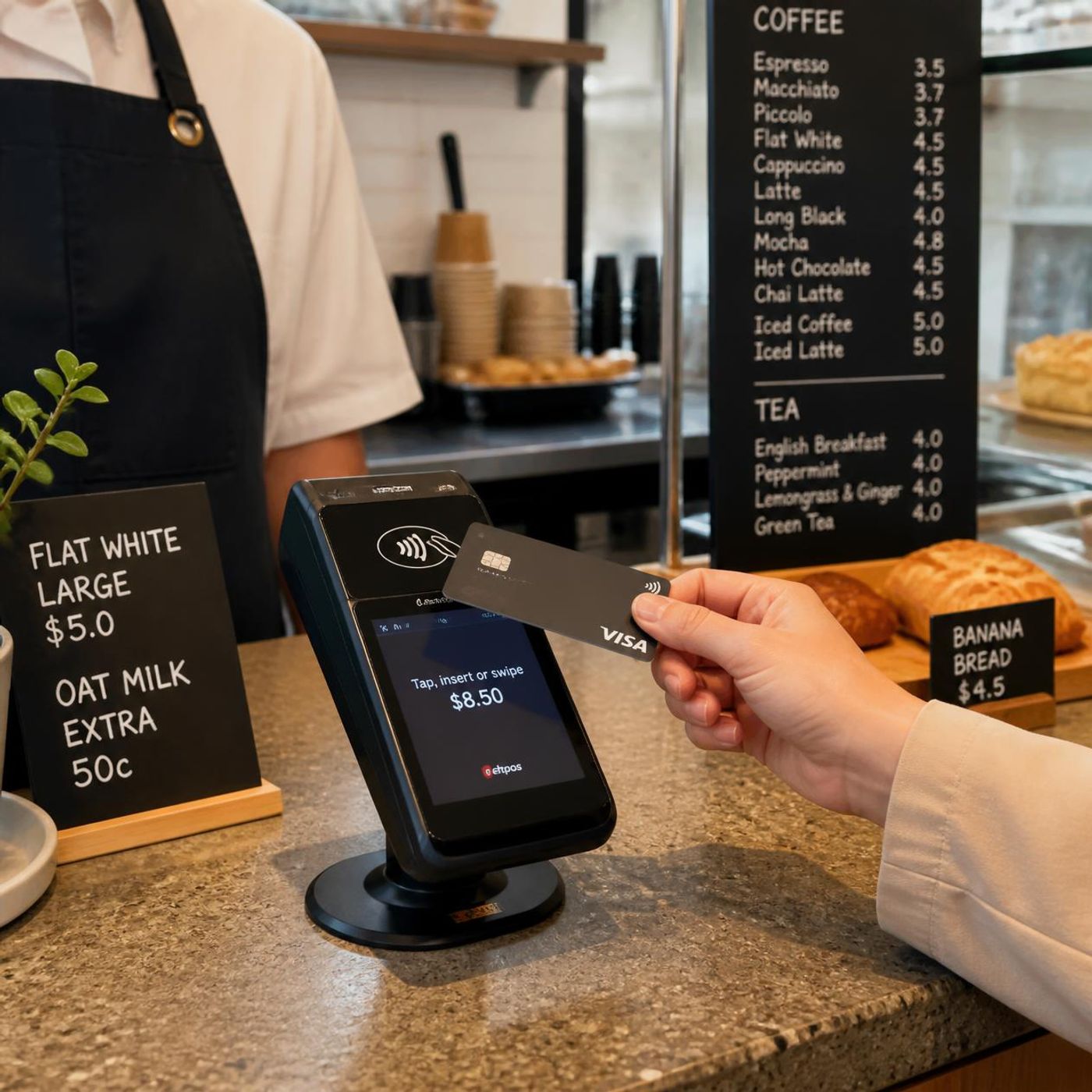 Customer tapping contactless payment card on terminal at Australian cafe counter with coffee menu board in background