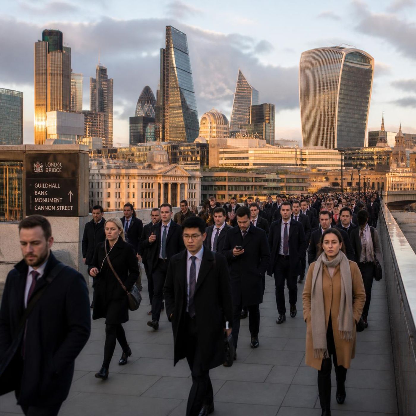 Commuters crossing London Bridge at morning rush hour with the City of London skyline behind