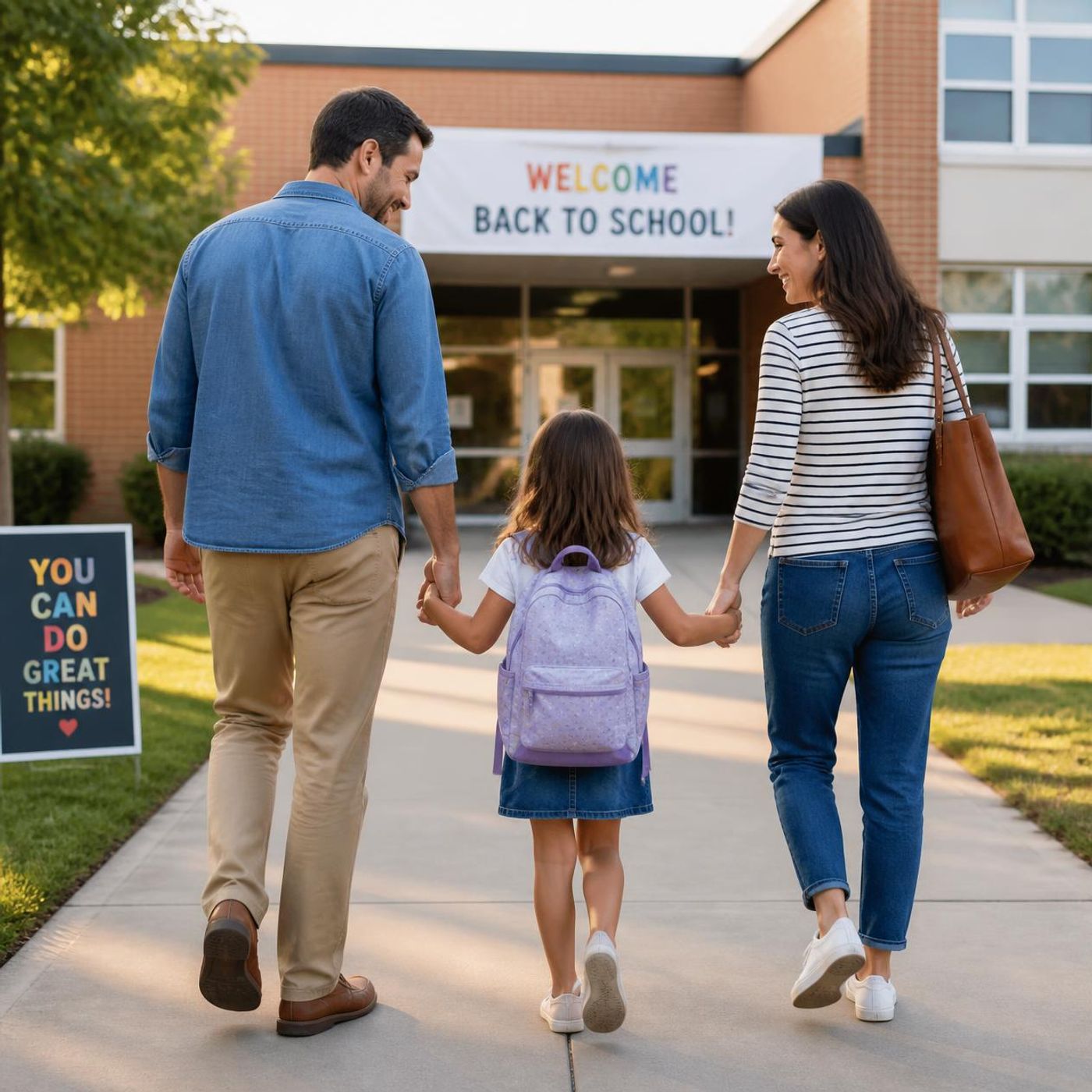 Parents walking with young daughter wearing backpack toward elementary school entrance on first day of school
