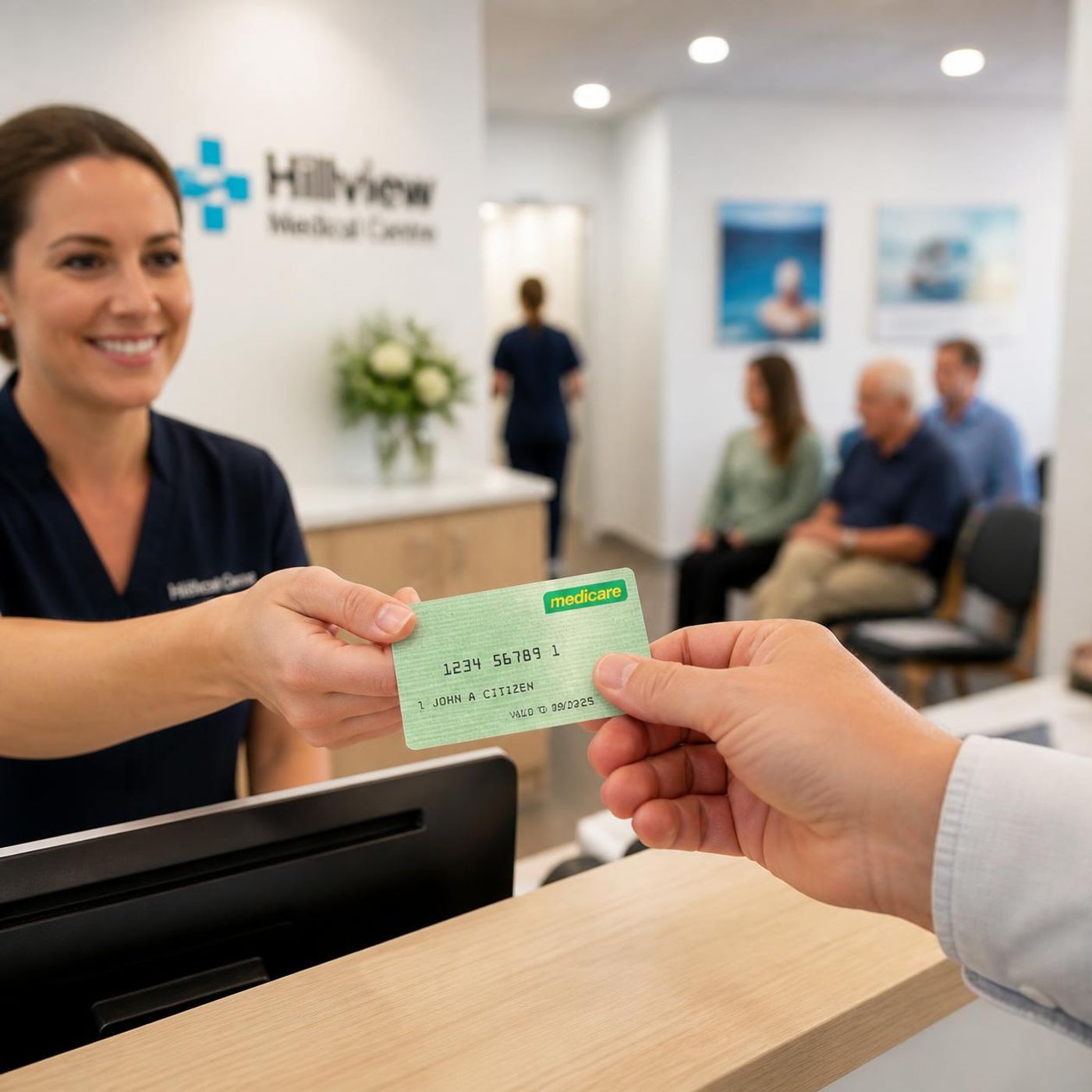 Receptionist handing a green Australian Medicare card to a patient across a medical centre reception counter