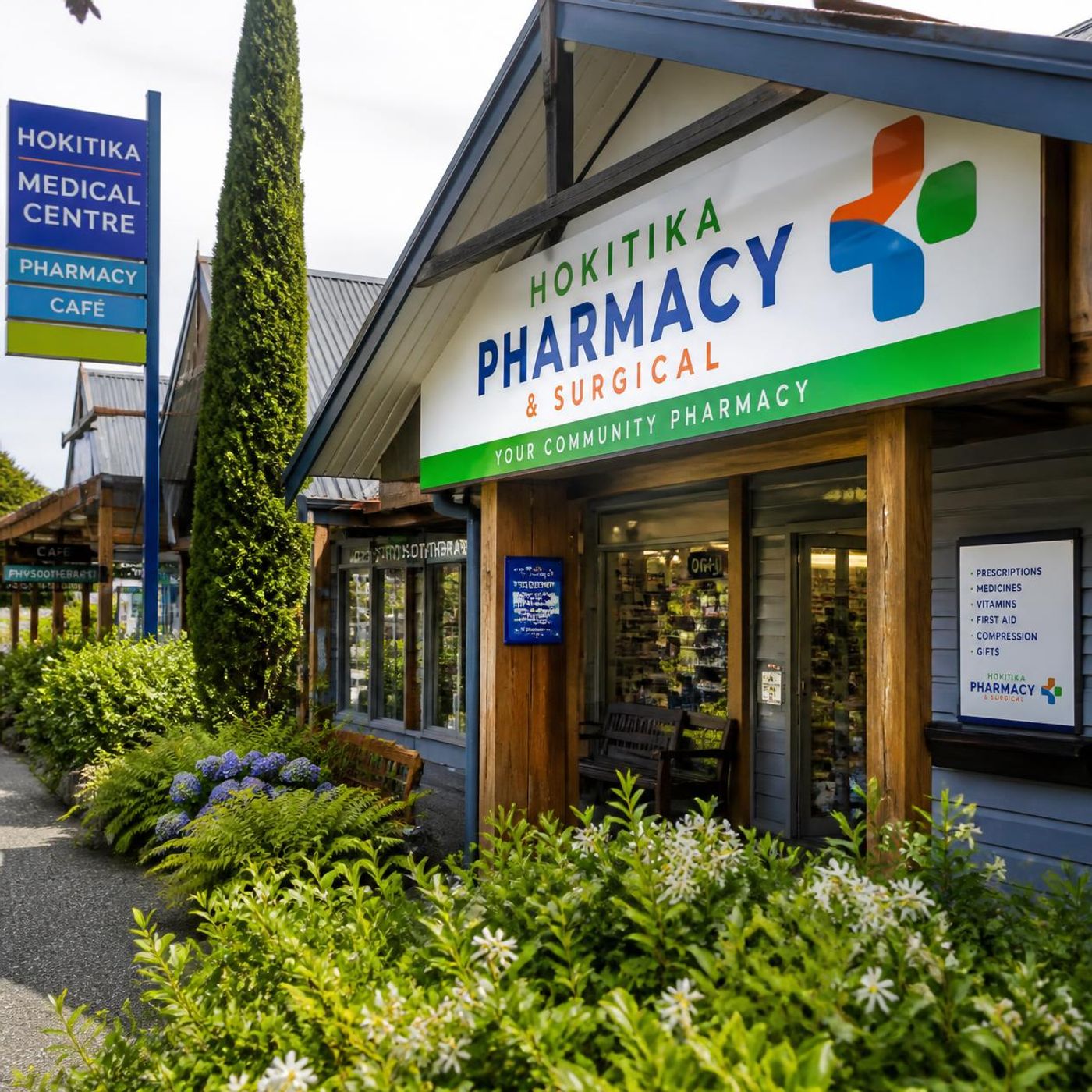 Hokitika Pharmacy storefront with a green pharmacy cross sign and garden beds