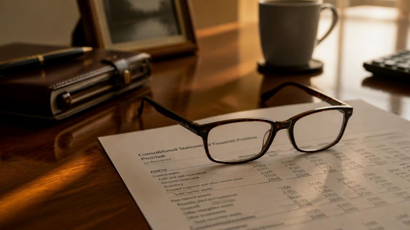 Reading glasses resting on a printed consolidated financial statement document on a desk, with a notebook and coffee cup nearby.