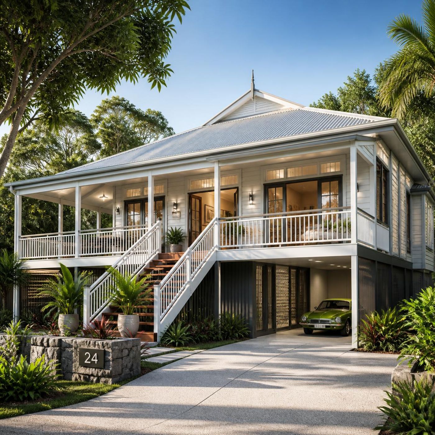 Modern elevated Queenslander house with white exterior, wraparound veranda, and tropical landscaping