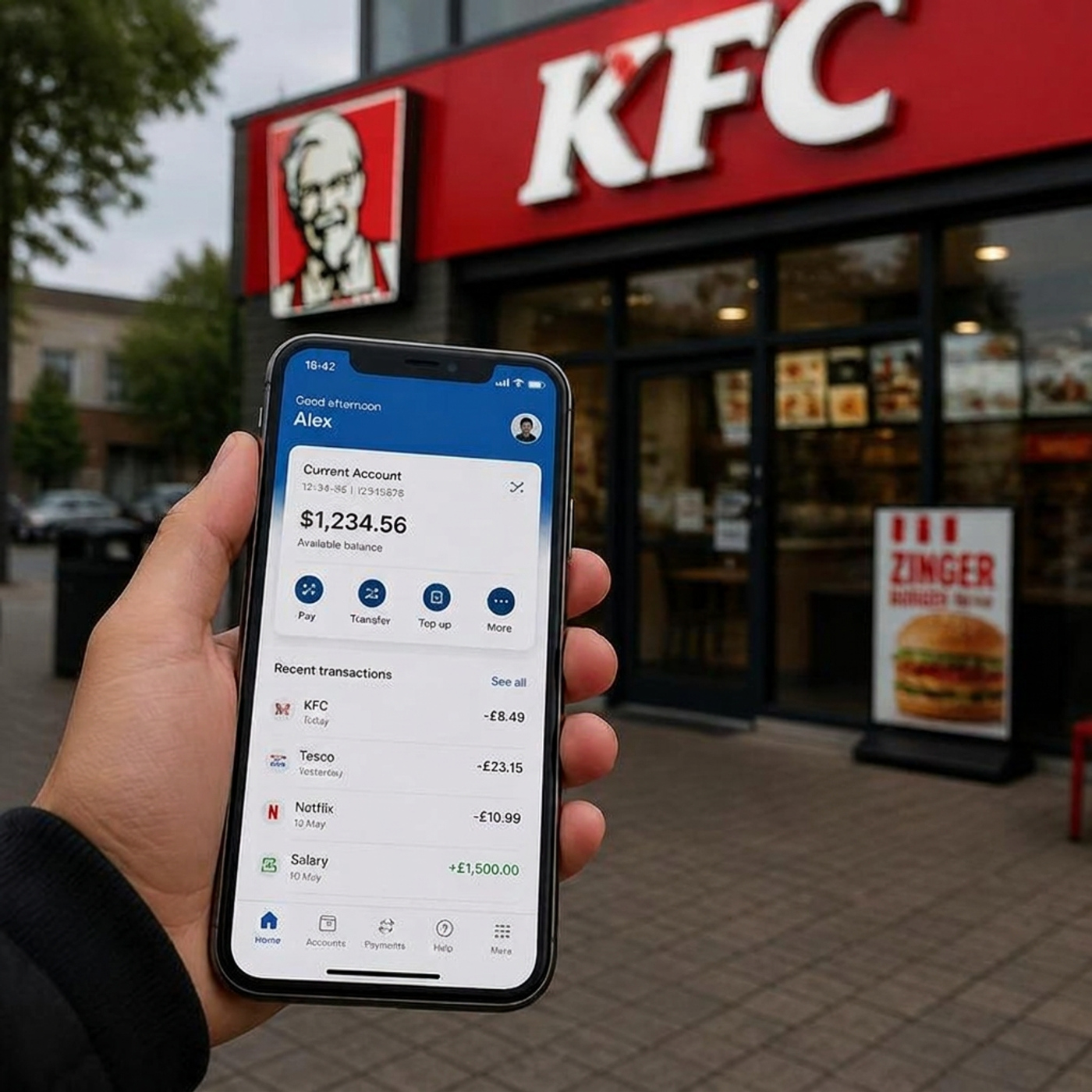 Person holding smartphone displaying a banking app with dollar currency symbols outside a KFC restaurant, with the KFC storefront and signage visible in the background