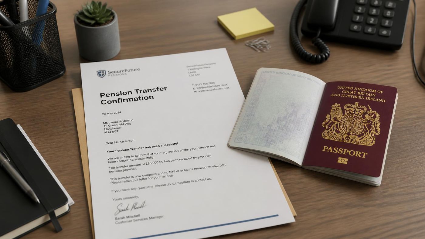 UK pension transfer confirmation letter from SecureFuture Pensions lying beside an open British passport on a desk.