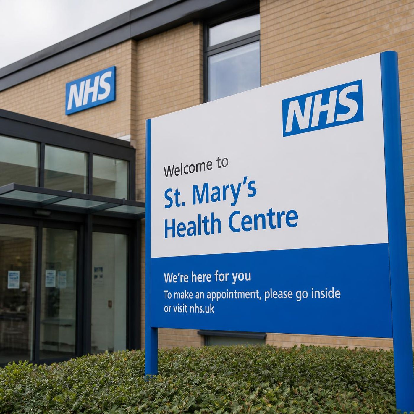 NHS welcome sign outside a GP health centre with blue and white branding