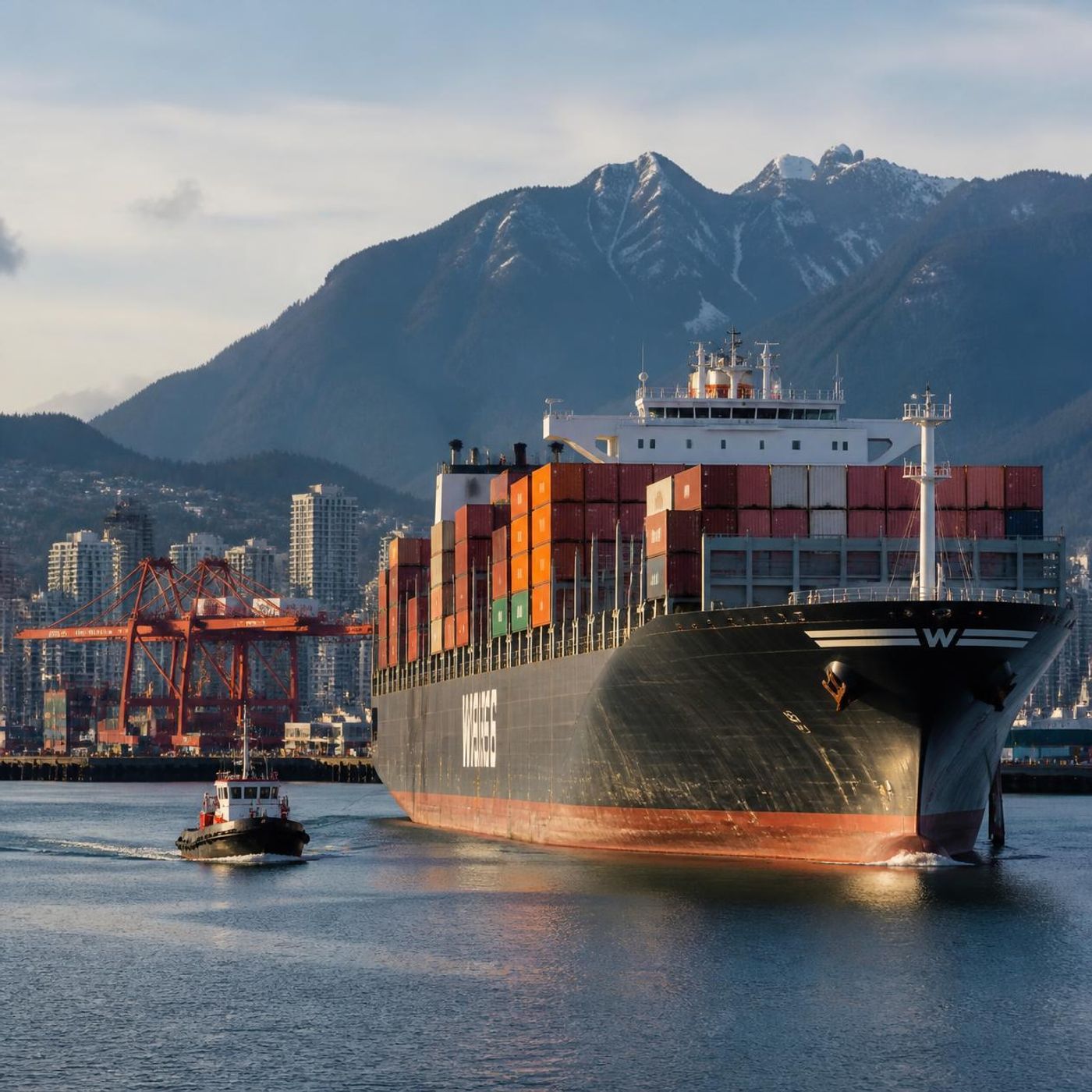Container ship entering Vancouver port with a tugboat and snow-capped mountains behind