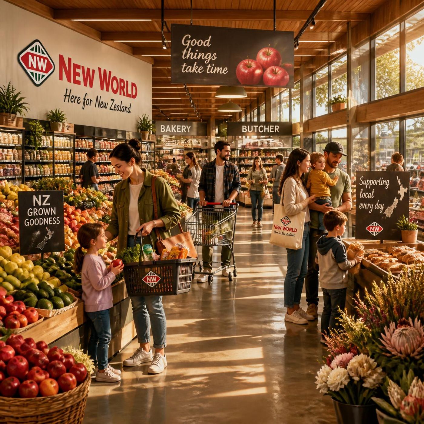 New World supermarket interior with shoppers browsing the fresh produce section