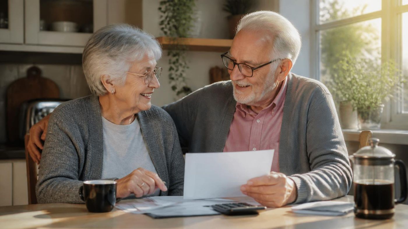Older couple sitting at a kitchen table reading a letter together, with a calculator, papers and a coffee press nearby.