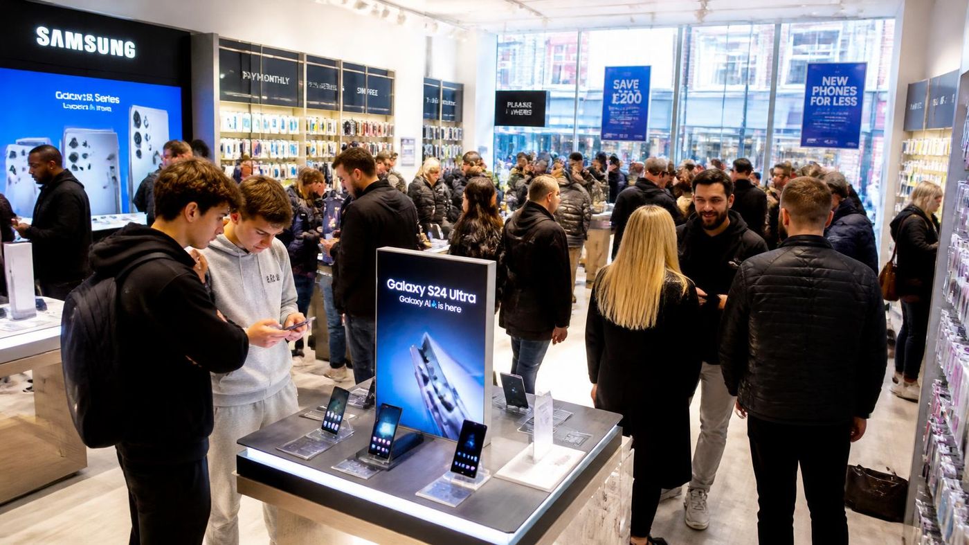 Crowded Samsung mobile phone store with a Galaxy S24 Ultra display table and 'Save £200' promotional signage.