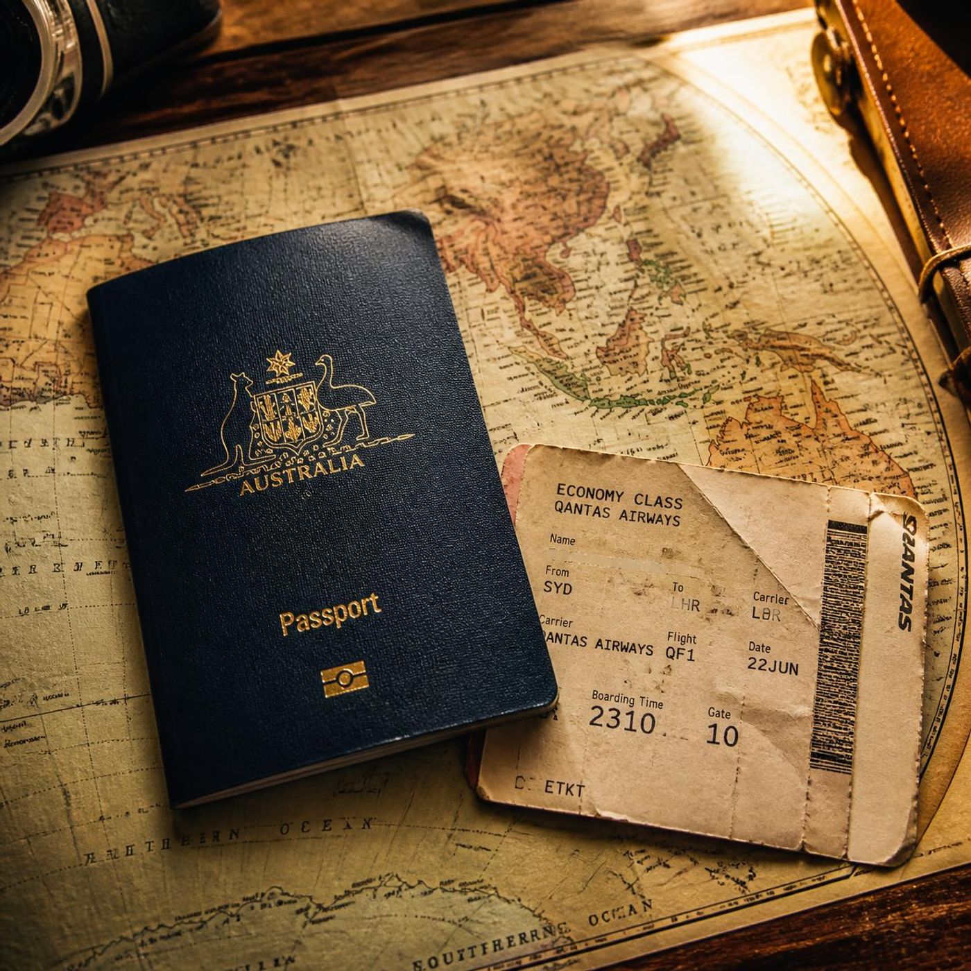 Australian passport on a vintage world map beside an airline boarding pass