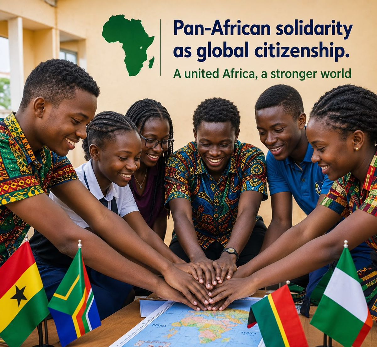 African students joining hands above a map and African flags under a Pan-African solidarity message.