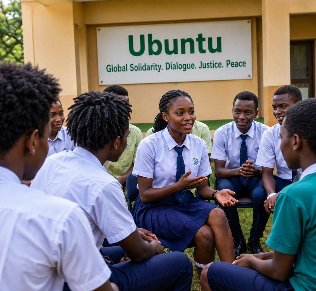 African students in discussion beneath an Ubuntu Global Solidarity sign highlighting dialogue, justice and peace.