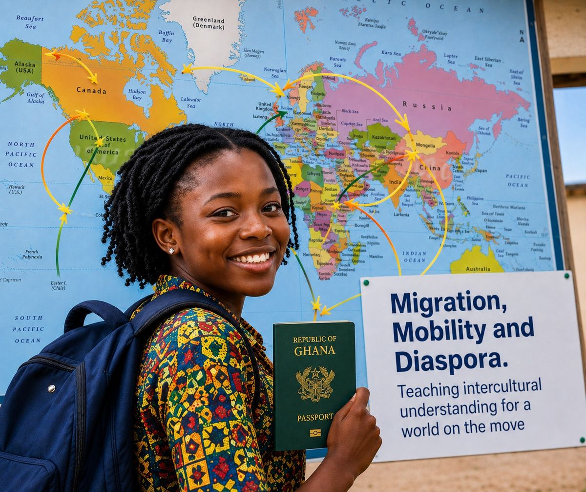 Young Ghanaian learner holding a passport beside a world map and the words Migration, Mobility and Diaspora.