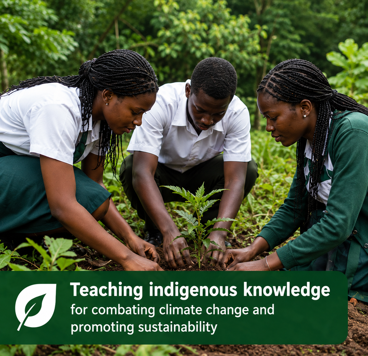 Students planting a seedling in an illustration about indigenous knowledge, climate change and sustainability.