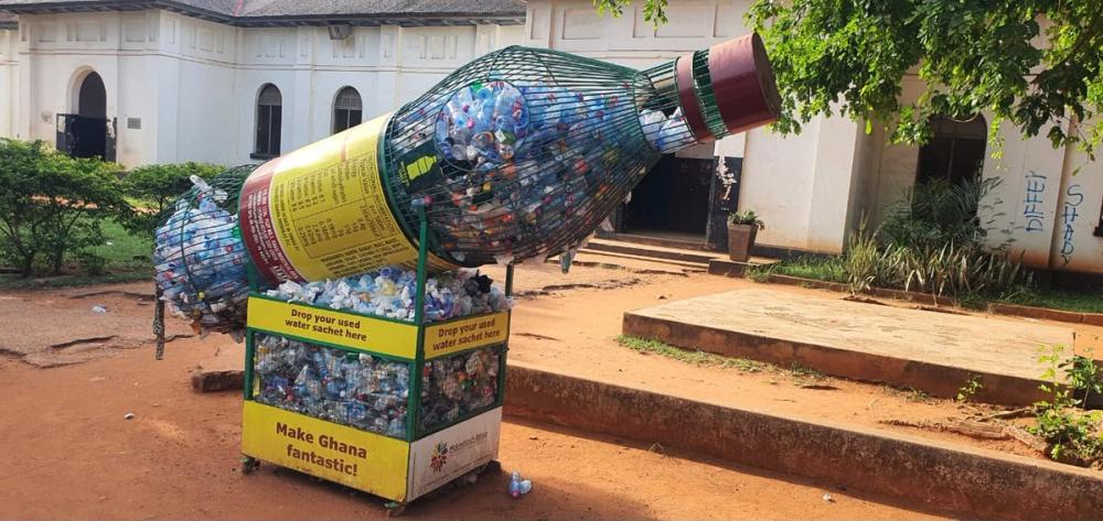 Plastic-bottle recycling installation displayed on a school campus during the Global Learning for Africa research project.
