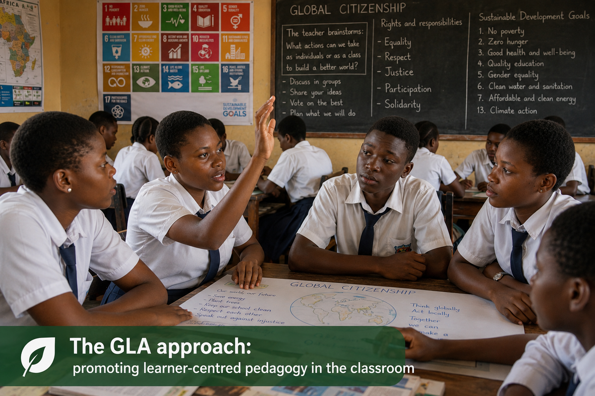Students discussing global citizenship together in a learner-centred classroom activity.