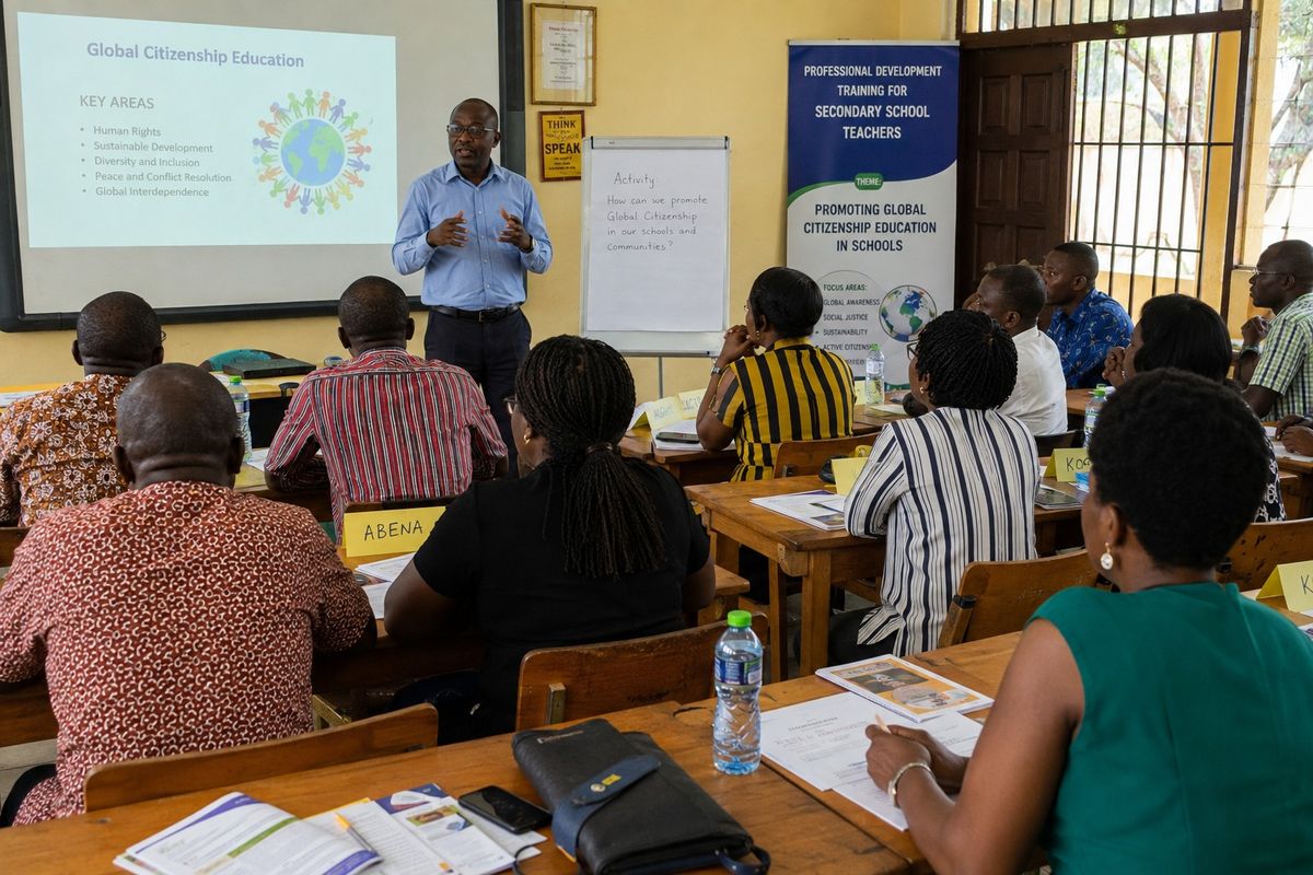 A facilitator leading a professional development session on Global Citizenship Education for secondary school teachers.